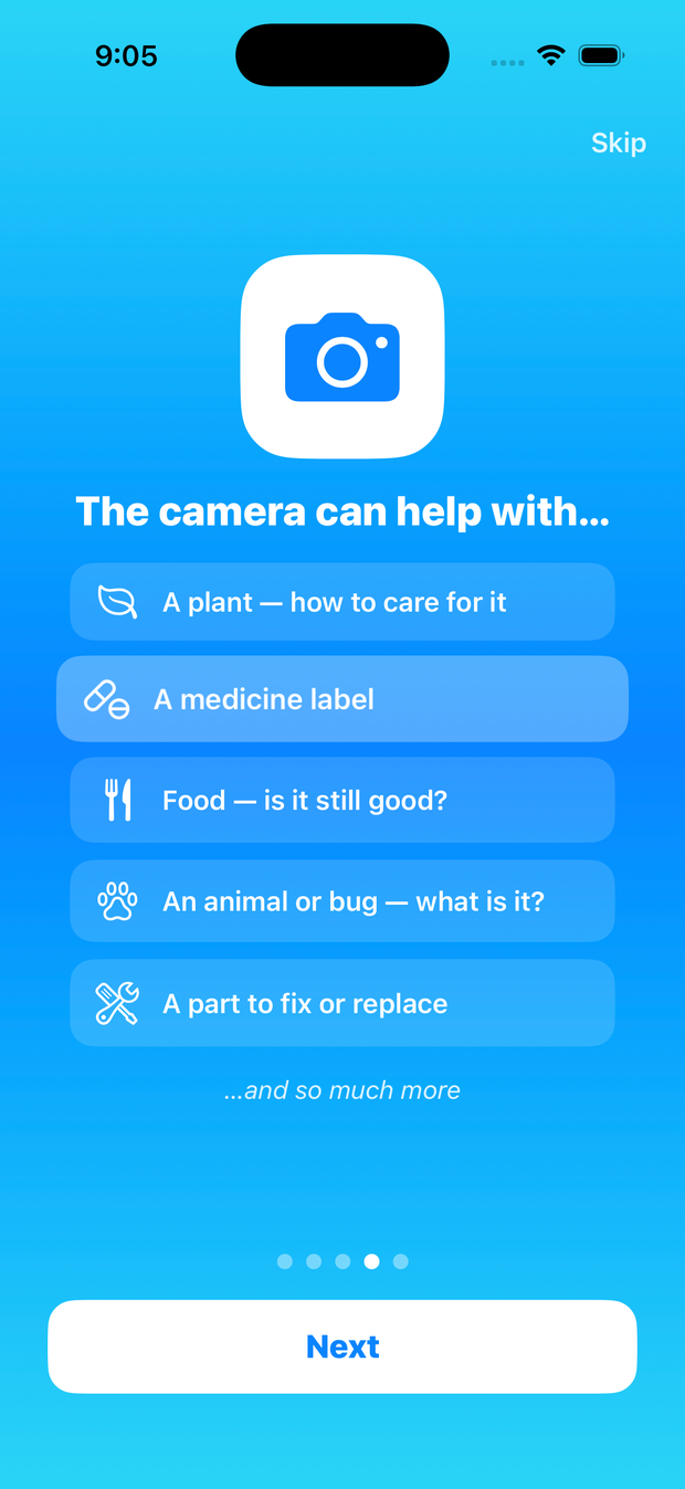 Sprockit camera helper screen showing what the camera can help with