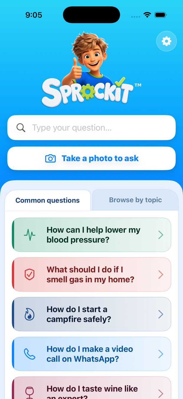 Sprockit home screen: type your question or take a photo to ask, with common questions listed below