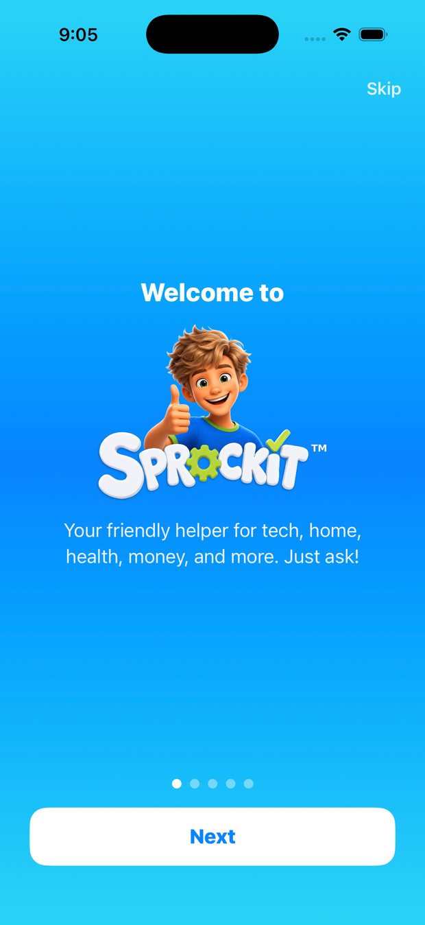 Sprockit welcome screen with the friendly mascot and tagline